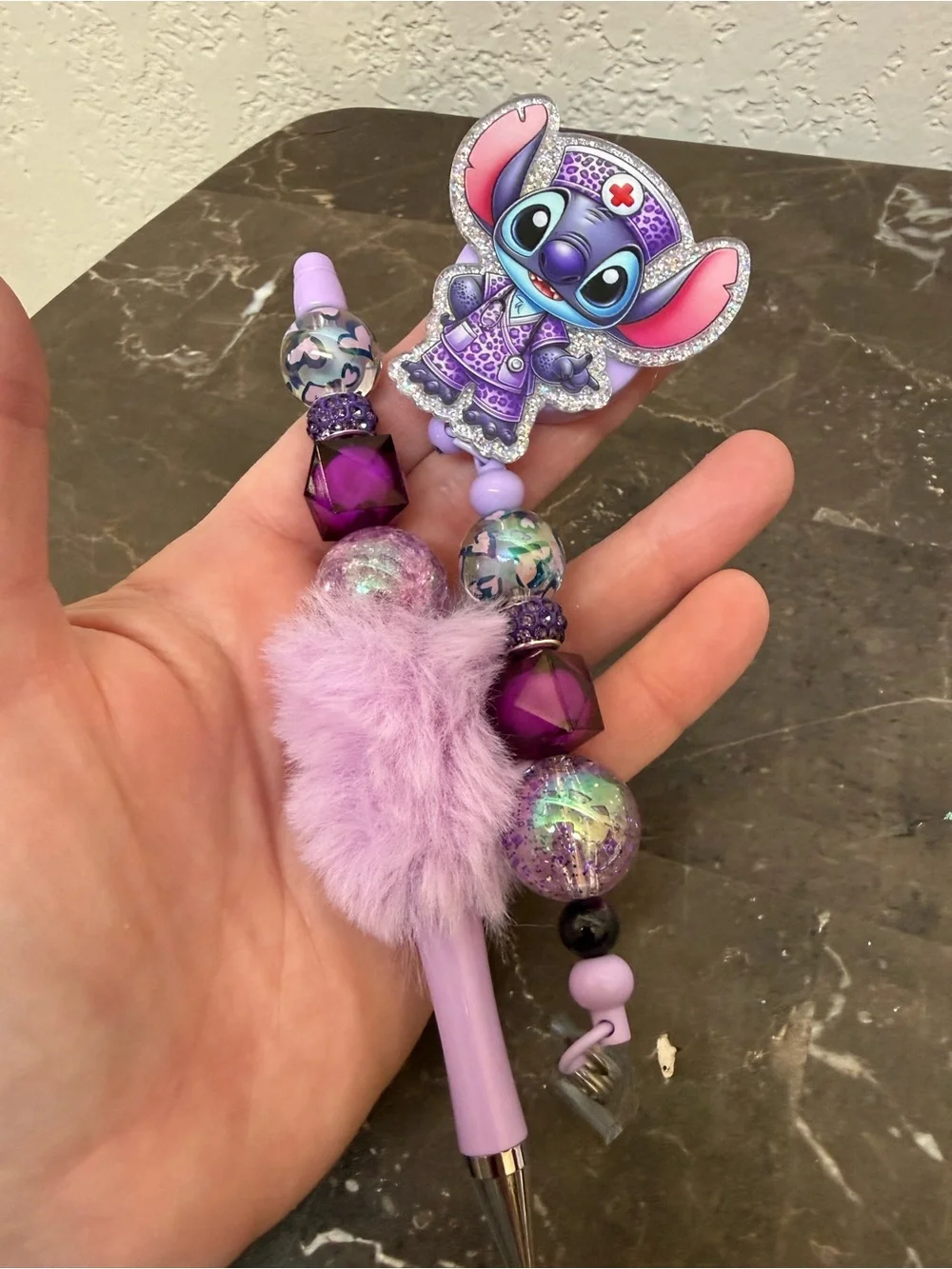 Purple Fur Hearts Nurse Stitch Beaded Pen and Matching Badge Reel Set Handmade